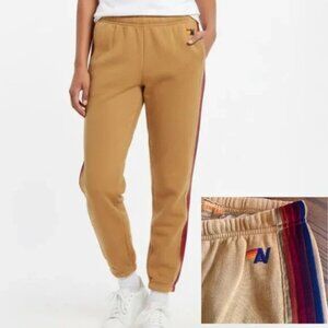 AVIATOR NATION 5 Stripe Sweatpants Joggers L Gold Khaki Velvet Retro Athleisure